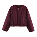 Women's burgundy wool textured bomber jacket with round neck and metal zipper closure - Dark Red