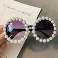 Fashionable round sunglasses with black plastic frames and large white pearl embellishments - No. 25/Black Frame (Large Pearl Round)