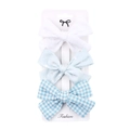 Three-piece fabric bow hair clip set with dots, hearts, and plaid patterns for girls - DP037-1 (3pcs Set: White Polka Dot/Light Blue Heart/Light Blue Plaid)