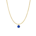Golden necklace featuring a round blue birthstone pendant with four-prong setting - September