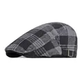 British style wool plaid beret in dark grey and black with metal adjustment buckle - Adjustable / Black and Gray