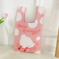 Detail of pink knitted tote bag with cute duck illustration and Hello Spring text - Pink Duck Playing Water