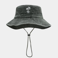 Dark gray washed cotton bucket hat with white coconut tree embroidery and adjustable chin cord - One Size / Army Green