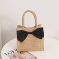 Handmade khaki straw handbag with a large black ribbon bow for beach vacations - Square Bow / Brown