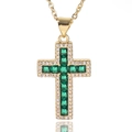 Golden cross necklace with square green gemstones and clear diamonds on gold chain - Micro Pave Border / Green