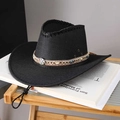 Black straw cowboy hat with ethnic shell band and chin strap on a modern book - Adult (55-60cm) / Black