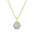 Golden hexagon necklace with blue mother of pearl inlay and letter R pendant - Blue Shell R