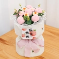 Hand-knitted peach and daisy bouquet with pink bow and white fleece wrap gift - 6 Peaches Bouquet