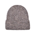 Close-up of taupe ribbed knit texture and soft yarn fibers on a winter beanie hat - Coffee