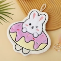 Cartoon coral velvet hand towel featuring a white rabbit and pink donut design with hanging loop - Rabbit Donut Purple