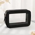 Black rectangular PU leather and transparent PVC cosmetic bag with gold zipper and top handle - Single Layer / Phantom Black