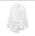Minimalist white poplin shirt featuring a long sleeve design and asymmetric waist knot - XS / White