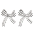 Minimalist silver bow knot stainless steel stud earrings with polished metallic finish - 3D Bowknot (9793)