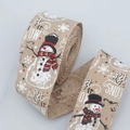 Faux linen Christmas ribbon featuring snowmen and Let it SNOW text with wired edges - Natural Snowman