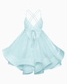 Detail of light blue pleated organza dress showing backless cross straps and layered hem - S / Cyan