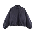 Donkerblauwe krijtstreep bomberjack voor dames met opstaande kraag en pofmouwen - XS / Marineblauw