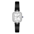 Montre à quartz carrée élégante avec lunette sertie de diamants et bracelet en cuir noir - Boîtier Argent Cadran Blanc Bracelet Noir