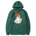 Dark green Halloween hoodie featuring a ghost with coffee cup graphic print, size M - Dark Green