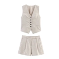 Women's linen blend two-piece set featuring beige V-neck vest and matching loose shorts - S / Vest and Shorts Set