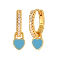 Detail of S925 silver needle heart earrings with gold plating and sky blue stones - Zirconia Heart Hoop / Sky Blue/Gold