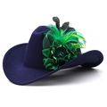 Navy blue retro fedora hat with green feathers and floral detail for bridal parties - 06 Navy Blue