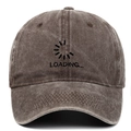 Detail of embroidered Loading text and icon on vintage washed cotton baseball cap - Adjustable / Coffee