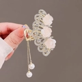 Pince à cheveux éventail dorée avec roses roses, strass et pampilles de perles - Couronne Fleur Rose