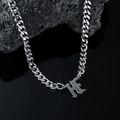 Silver stainless steel Cuban chain necklace featuring an H-letter pendant on black stone - Silver Letter H