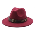 Detail of burgundy wool fedora featuring a leather band with antique metal sun flower stud - Burgundy