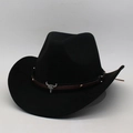 Black faux suede cowboy hat with bull head skull pendant and silver metal rivets - One Size (56-60cm) / Small Bull Head (J Cowboy 60) / Black