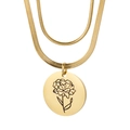 Collier double couche en acier doré avec pendentif rond fleur d'oeillet gravé - Janvier-Or (Oeillet)