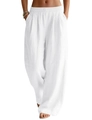 Detail of white linen wide-leg trousers showing elastic waistband and functional pockets - L-140 / Bottoms / White