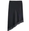 Detail of black satin midi skirt featuring asymmetrical hem with delicate lace trim - XS / Black