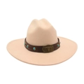 Beige wide brim wool western cowboy hat with brown leather band and bull skull buckle - One Size / Beige