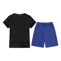 Kids casual summer set featuring a black cotton T-shirt and royal blue athletic shorts - Top And Bottom / Black/Royal Blue / 100cm