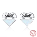 S925 sterling silver heart earrings with Faith engraving and white opal triangle - Faith Heart Opal Drop - Silver