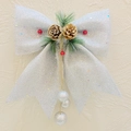 Silver glitter Christmas bow ornament with pine cones, red berries and hanging balls - Large With Balls / Silver