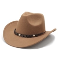 Detail of a brown wool felt cowboy hat featuring star studs and pearl beads on the band - Khaki
