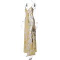 Sexy backless gold foil dress with thin straps and deep V-neck on a display model - S / Gold