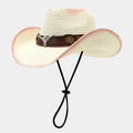 Beige woven straw cowboy hat with pink gradient brim and silver bull head ornament - Beige