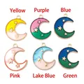 Starry moon alloy charms in 6 colors with glitter oil drip and gold beaded edges - Moon 19x23mm / Pink