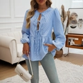 Women's blue striped lantern sleeve blouse with bow ties and ruffled hem details - S / Light Blue