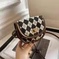 Mini retro saddle crossbody bag featuring black and white houndstooth with brown leather trim - Diamond Lattice-Brown