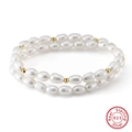 Elegant 925 sterling silver double-layer stretch bracelet with white pearls and gold beads - 925 Silver / 18K Gold Plated (17-18cm)