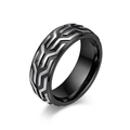 Men's retro tire tread ring in black and silver stainless steel shown from a side angle - US 11 / Black