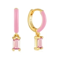 Pink enamel S925 sterling silver hoop earrings with rectangular zircon pendant - LN0871-7 Pink Rectangular Zirconia Pendant Earrings