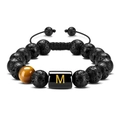 Tiger eye and lava stone beaded bracelet with gold M letter charm for men and women - Letter-M