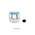 White cat enamel pin with pink flowers and blue waves on a clean white background - No.3 Bottle Cat