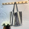Striped wool-like tote bag in grey white and yellow with handmade metal tag detail - Grey and White Vertical Stripes