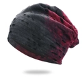Detailed view of the gradient tie-dye knit beanie with distressed hollow-out hole patterns - One Size / Red Black/Gradient Burgundy
